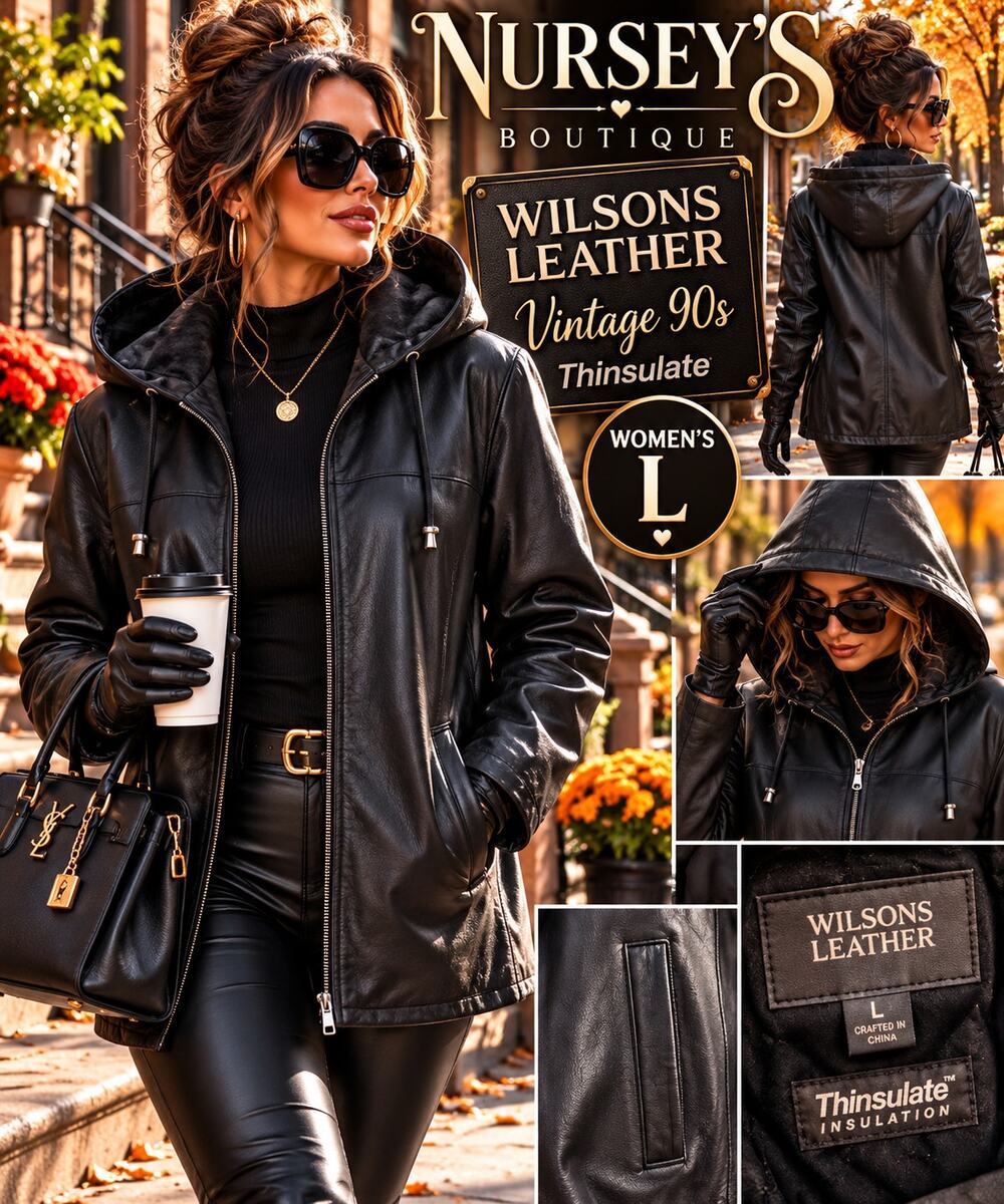 Vintage 90s Wilsons Leather Women L Black Hooded Thinsulate Leather Jacket
